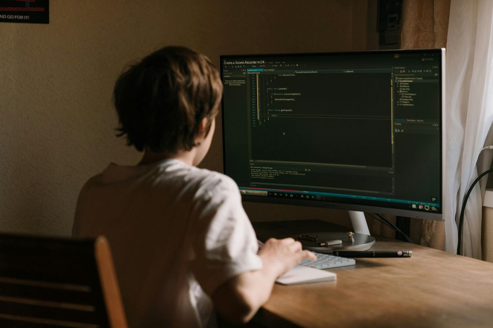 A person sitting in front of their computer, programmin.